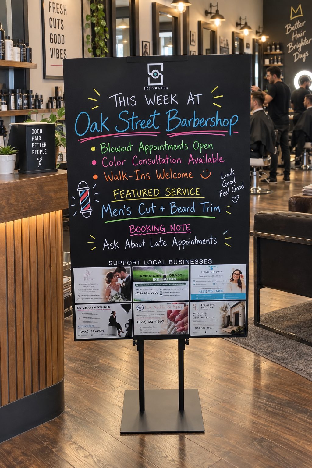 A Side Door Hub board placed near the entrance of a barbershop, in view of customers but out of the way of foot traffic.