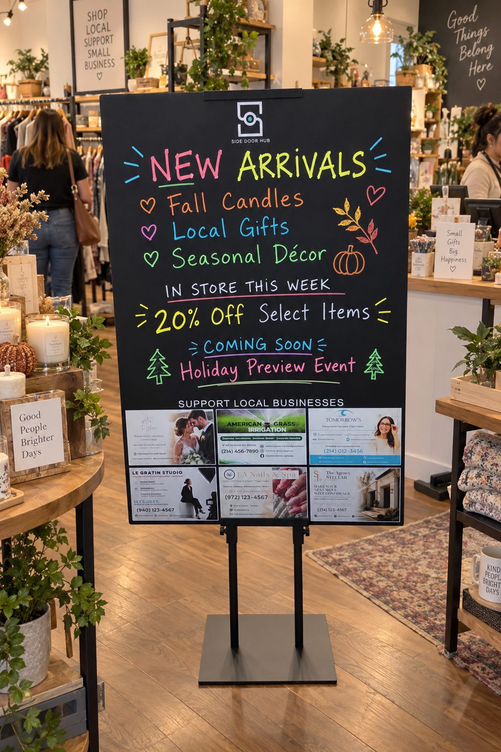 A Side Door Hub board in a boutique announcing new arrivals, a seasonal discount and a holiday preview event, with featured local businesses below.