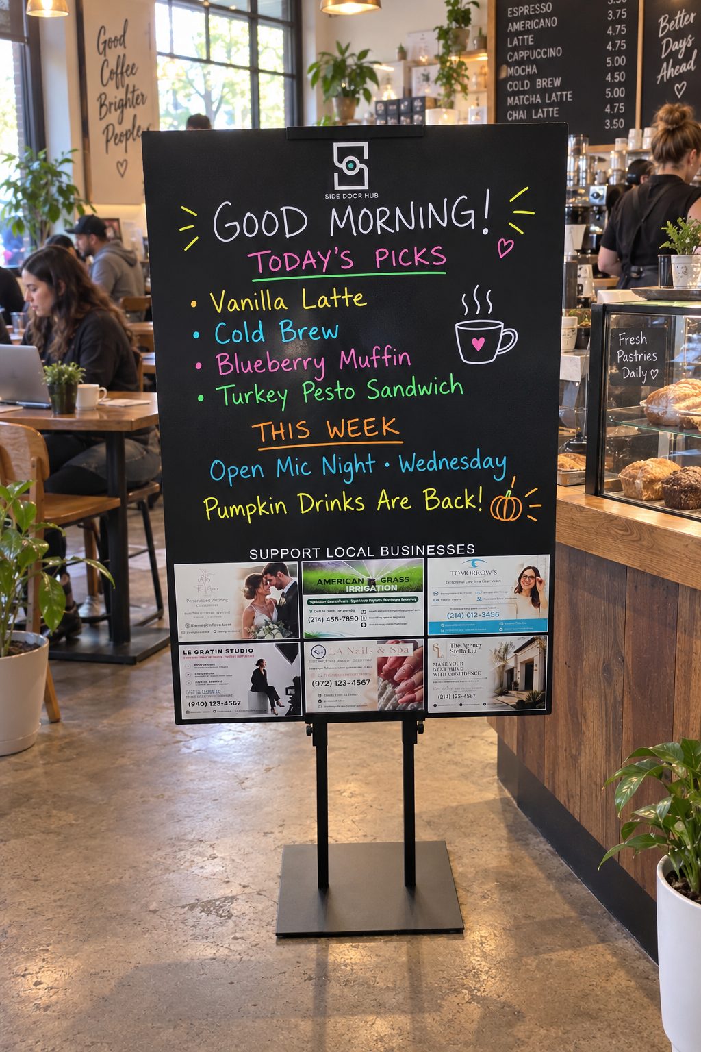 A Side Door Hub board in a coffee shop reading “Good morning — today’s picks,” with drinks, pastries and an open-mic night listed, and featured local businesses below.
