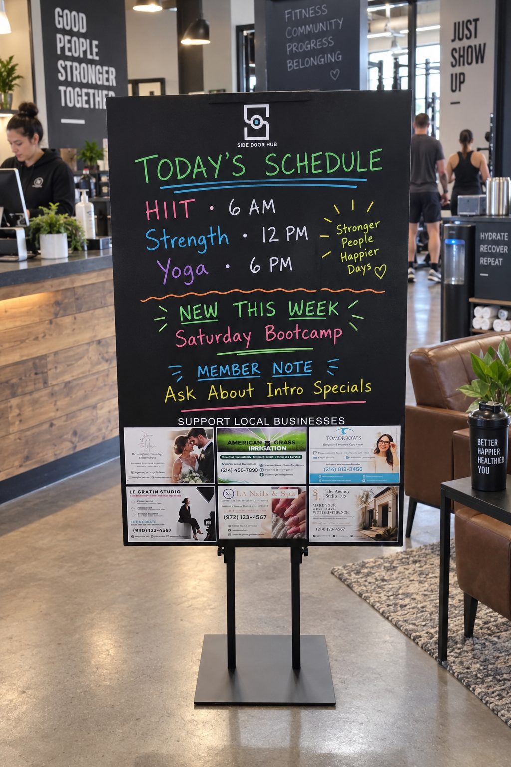 A Side Door Hub board in a fitness studio showing today’s class schedule and a Saturday bootcamp, with featured local businesses below.