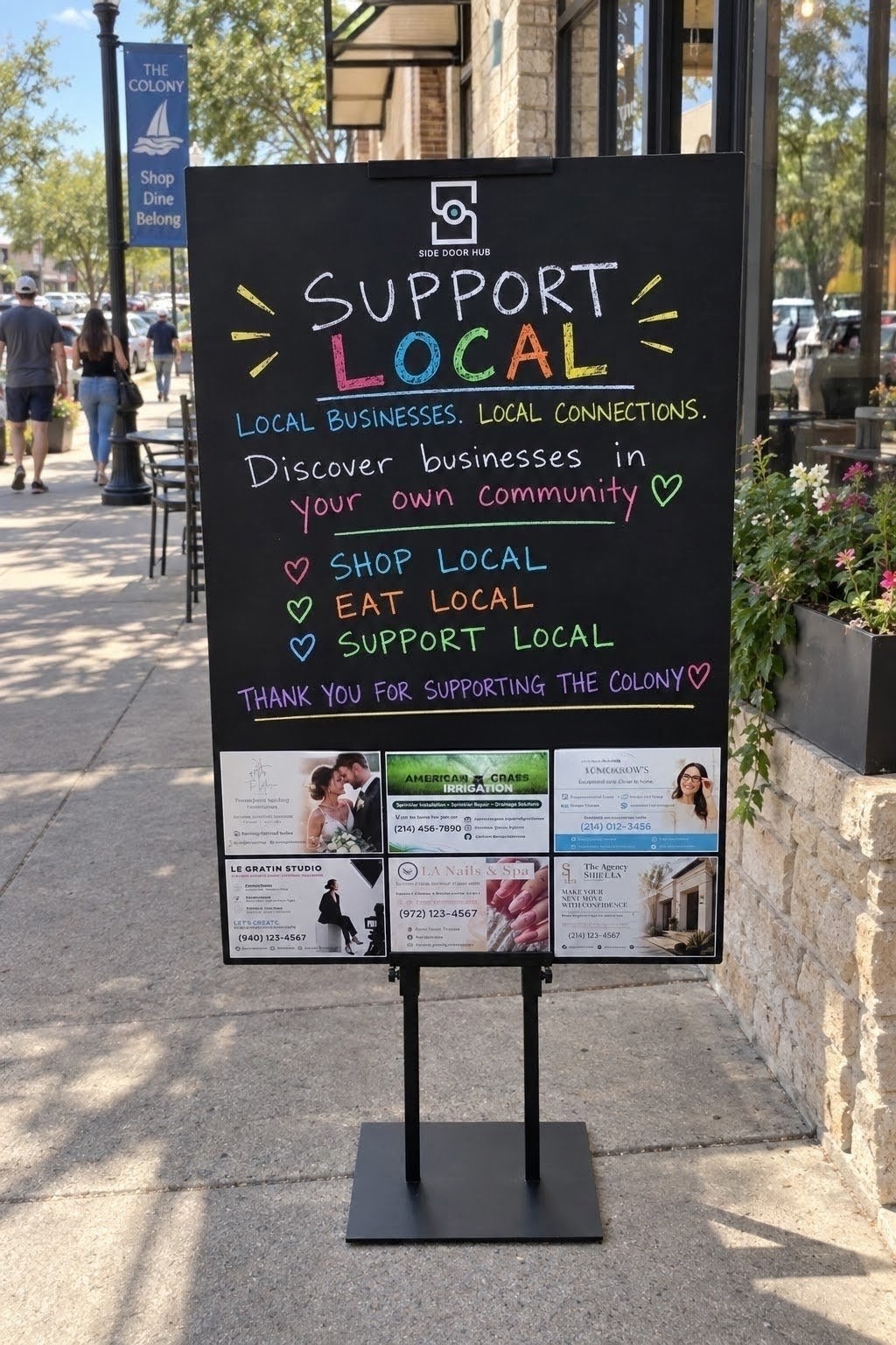 A Side Door Hub board on a Main Street sidewalk in The Colony. The board reads “Support Local — local businesses, local connections,” with a featured local businesses section along the bottom.