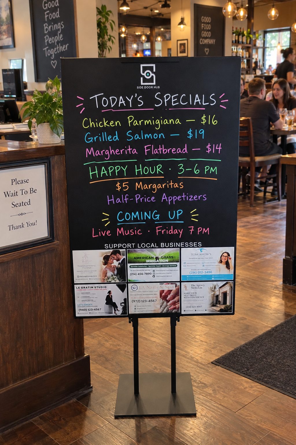 A Side Door Hub board inside a neighborhood restaurant listing tonight’s specials and a happy hour, with featured local businesses along the bottom.