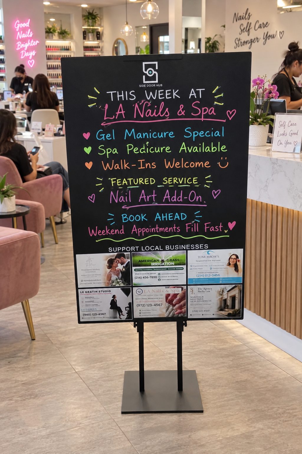 A Side Door Hub board in a nail salon listing manicure and pedicure specials, walk-in availability and a reminder to book ahead, with featured local businesses below.