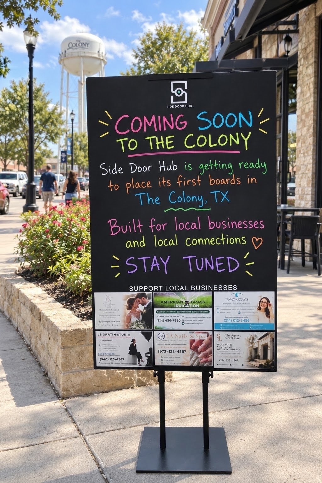 A Side Door Hub board standing outdoors in The Colony with the city water tower behind it. The board reads “Coming soon to The Colony.”
